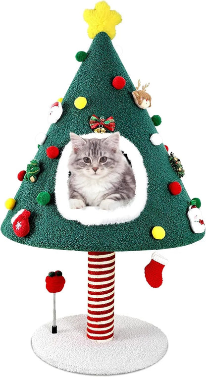 Christmas Cat Tree with Condo & Scratching Post – Holiday Cat Tower Play House Default Title