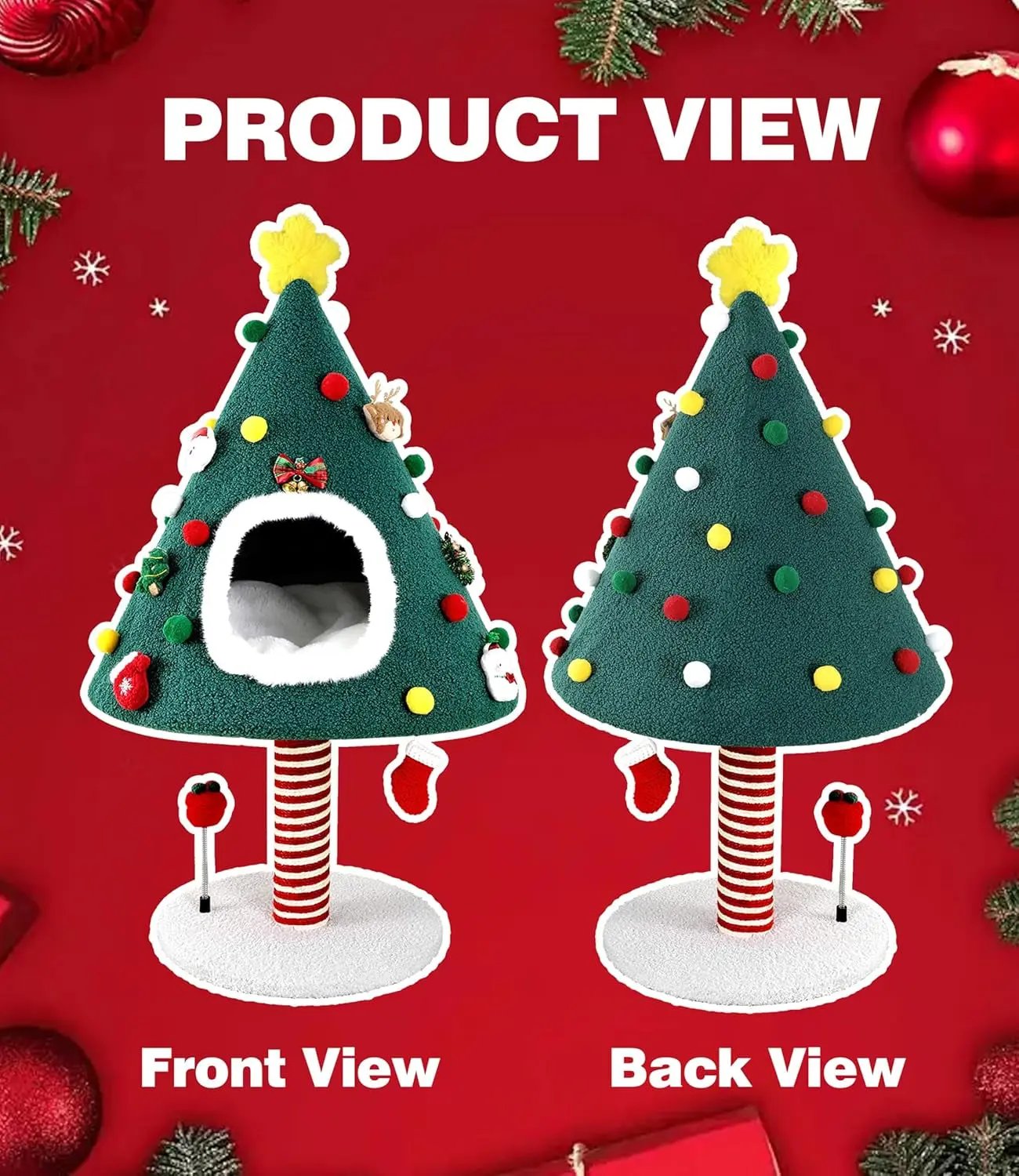 Christmas Cat Tree with Condo & Scratching Post – Holiday Cat Tower Play House