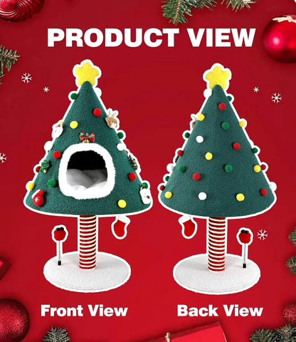 Christmas Cat Tree with Condo & Scratching Post – Holiday Cat Tower Play House