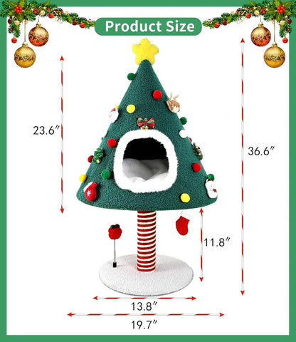 Christmas Cat Tree with Condo & Scratching Post – Holiday Cat Tower Play House