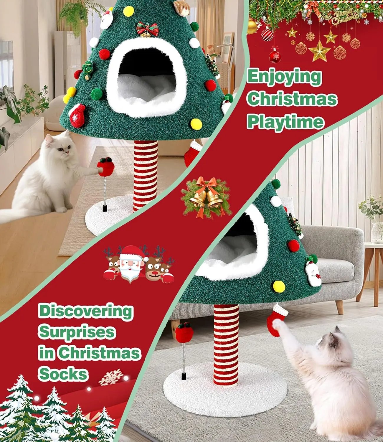 Christmas Cat Tree with Condo & Scratching Post – Holiday Cat Tower Play House