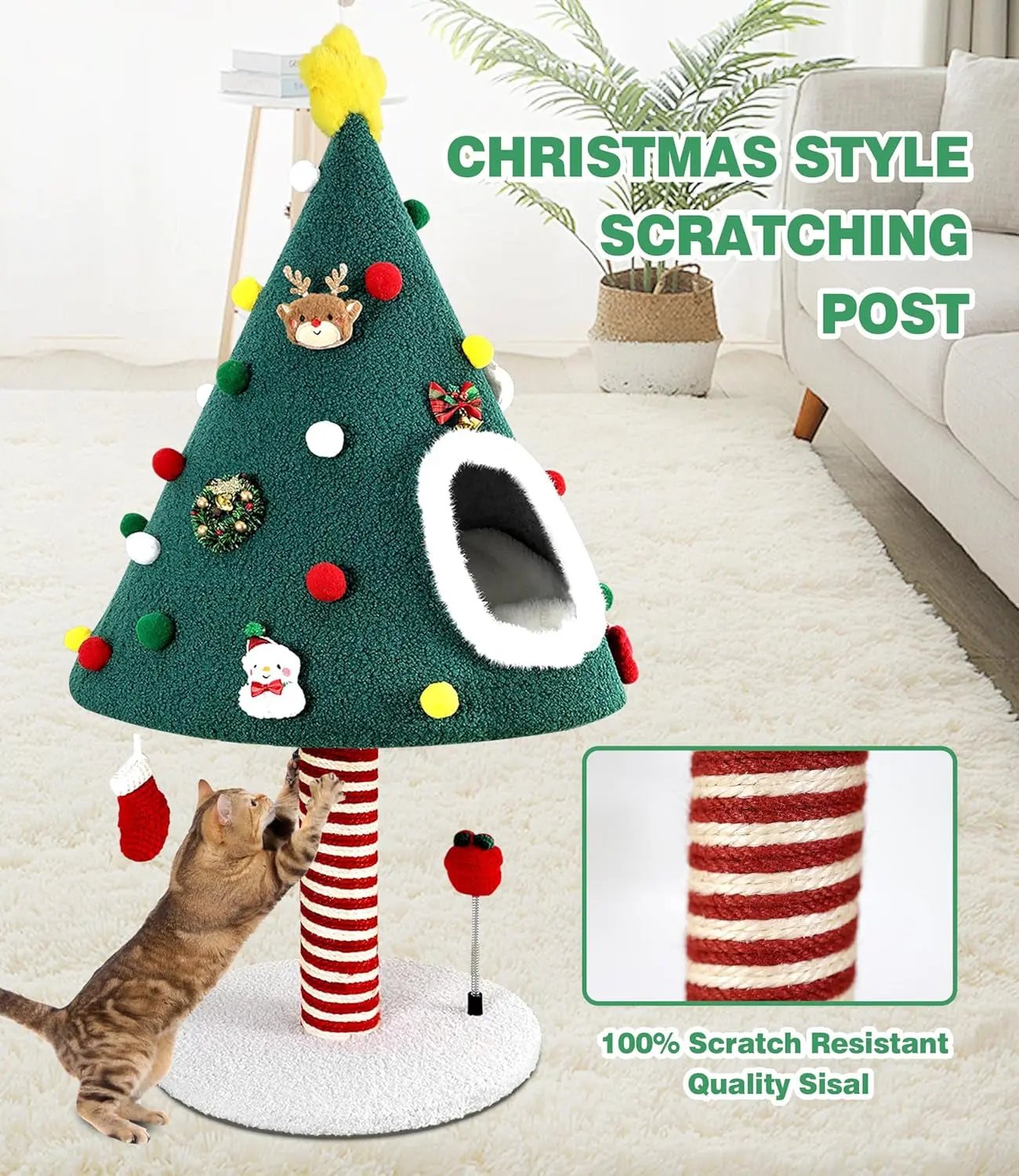 Christmas Cat Tree with Condo & Scratching Post – Holiday Cat Tower Play House