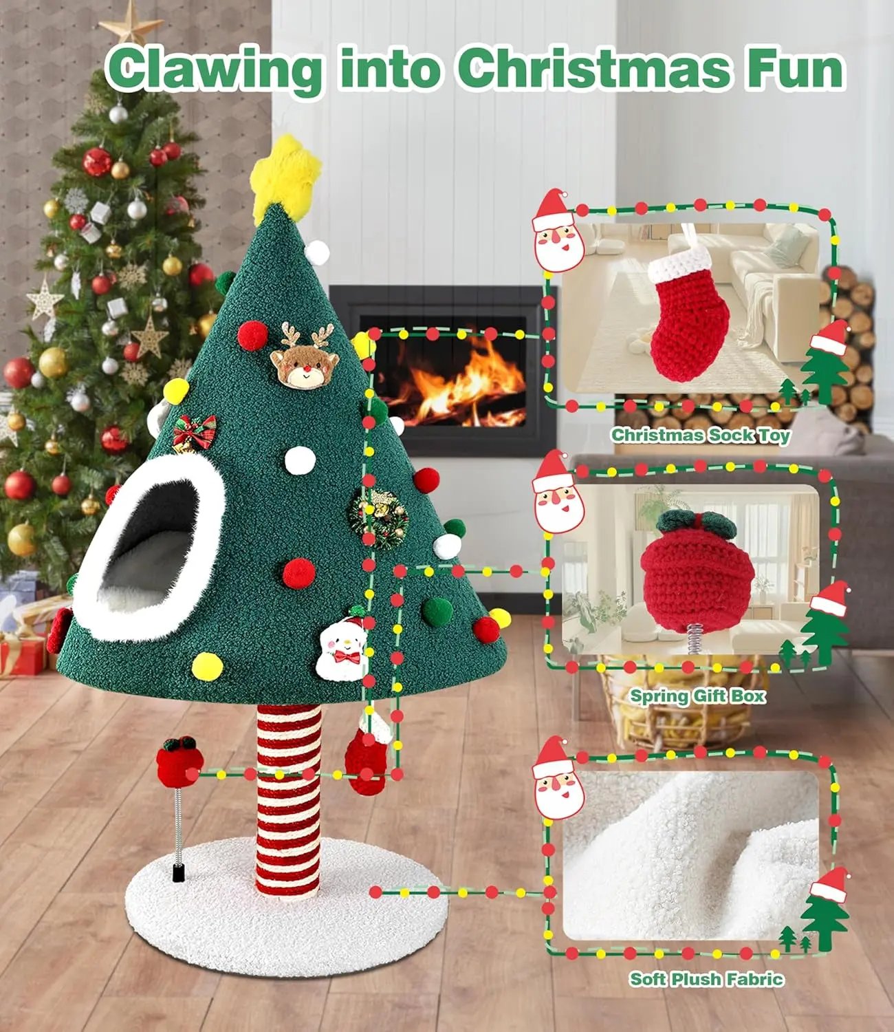 Christmas Cat Tree with Condo & Scratching Post – Holiday Cat Tower Play House