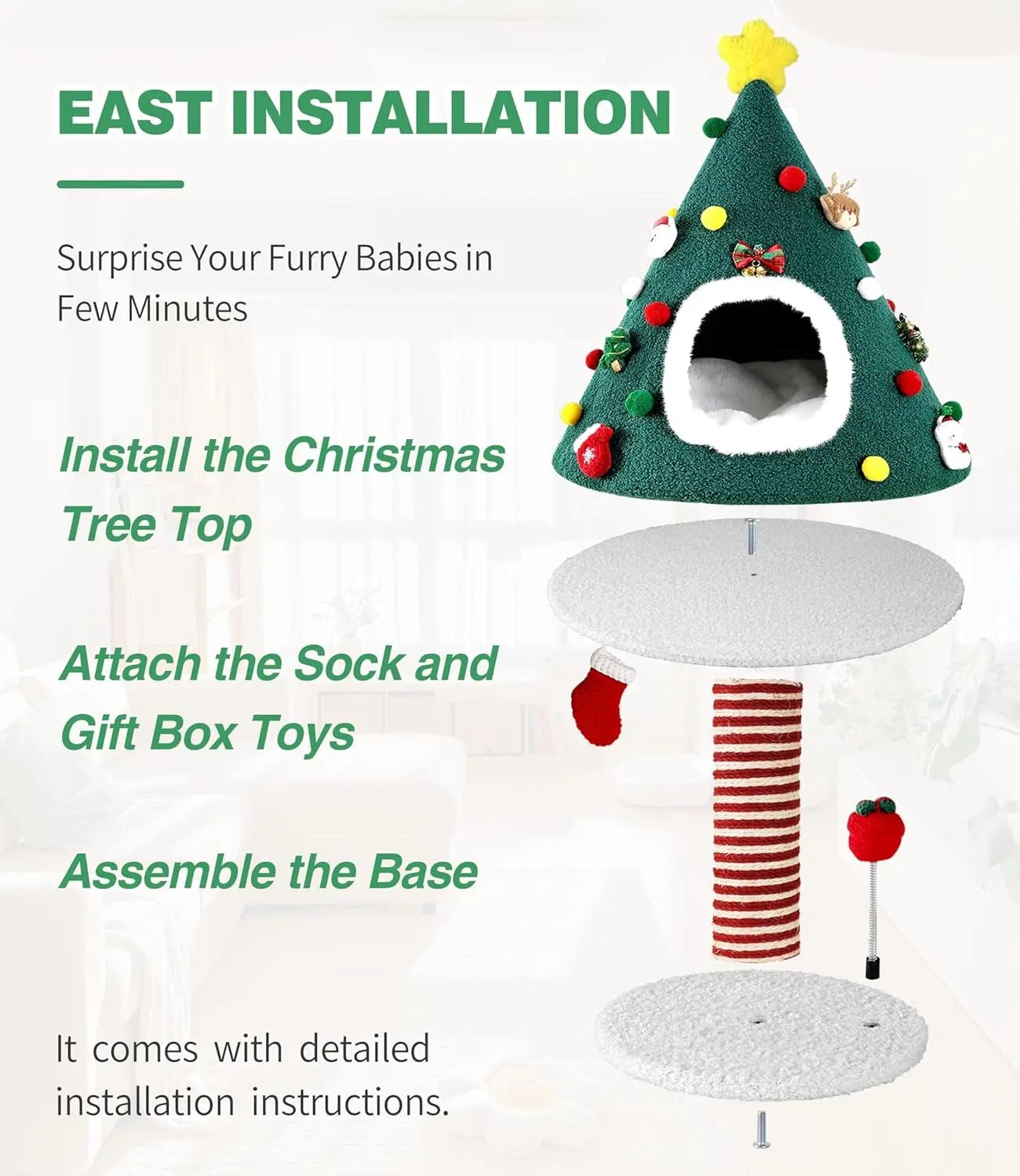Christmas Cat Tree with Condo & Scratching Post – Holiday Cat Tower Play House