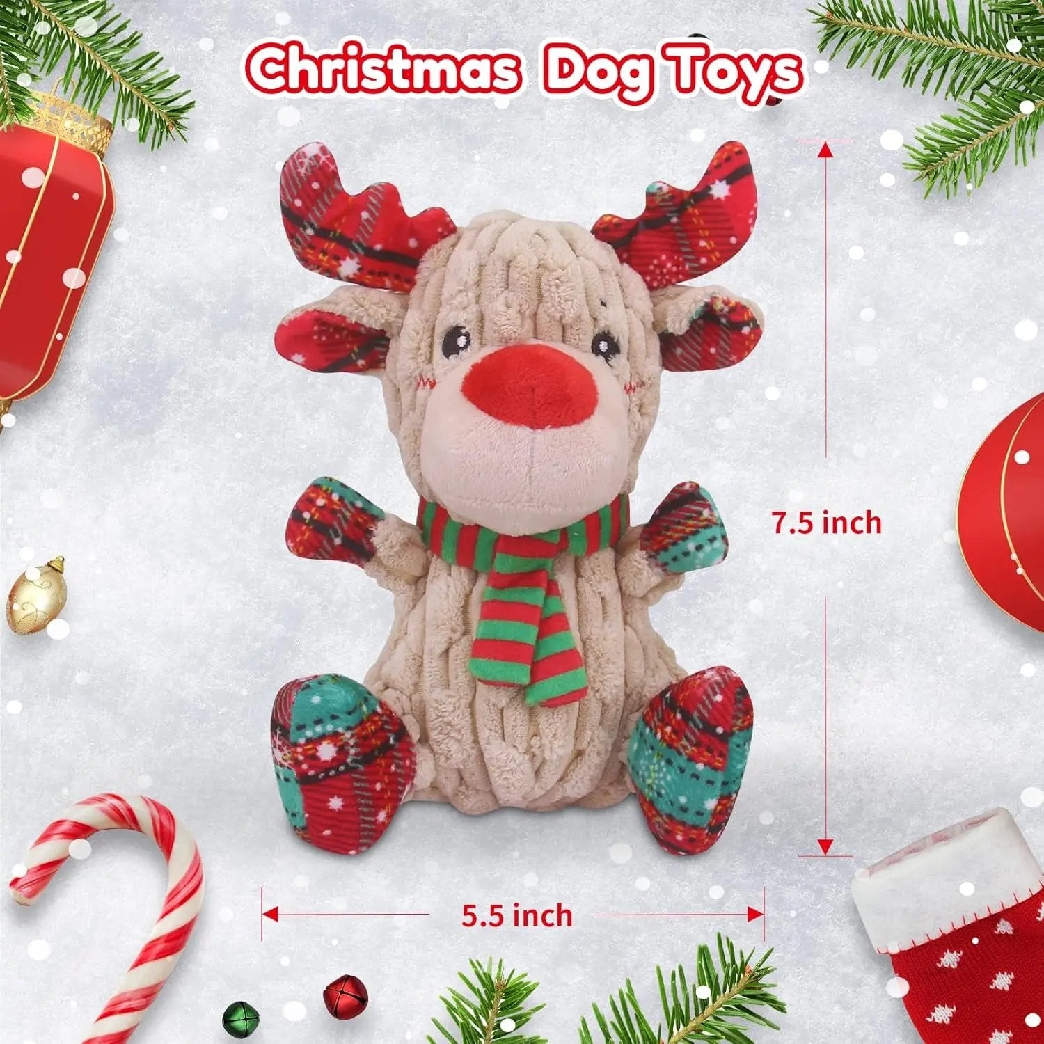 Reindeer Squeaky Christmas Dog Toy with Crinkle, Plush Chew Toy for All Dogs