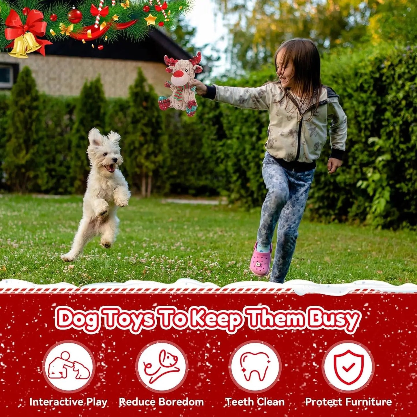 Reindeer Squeaky Christmas Dog Toy with Crinkle, Plush Chew Toy for All Dogs