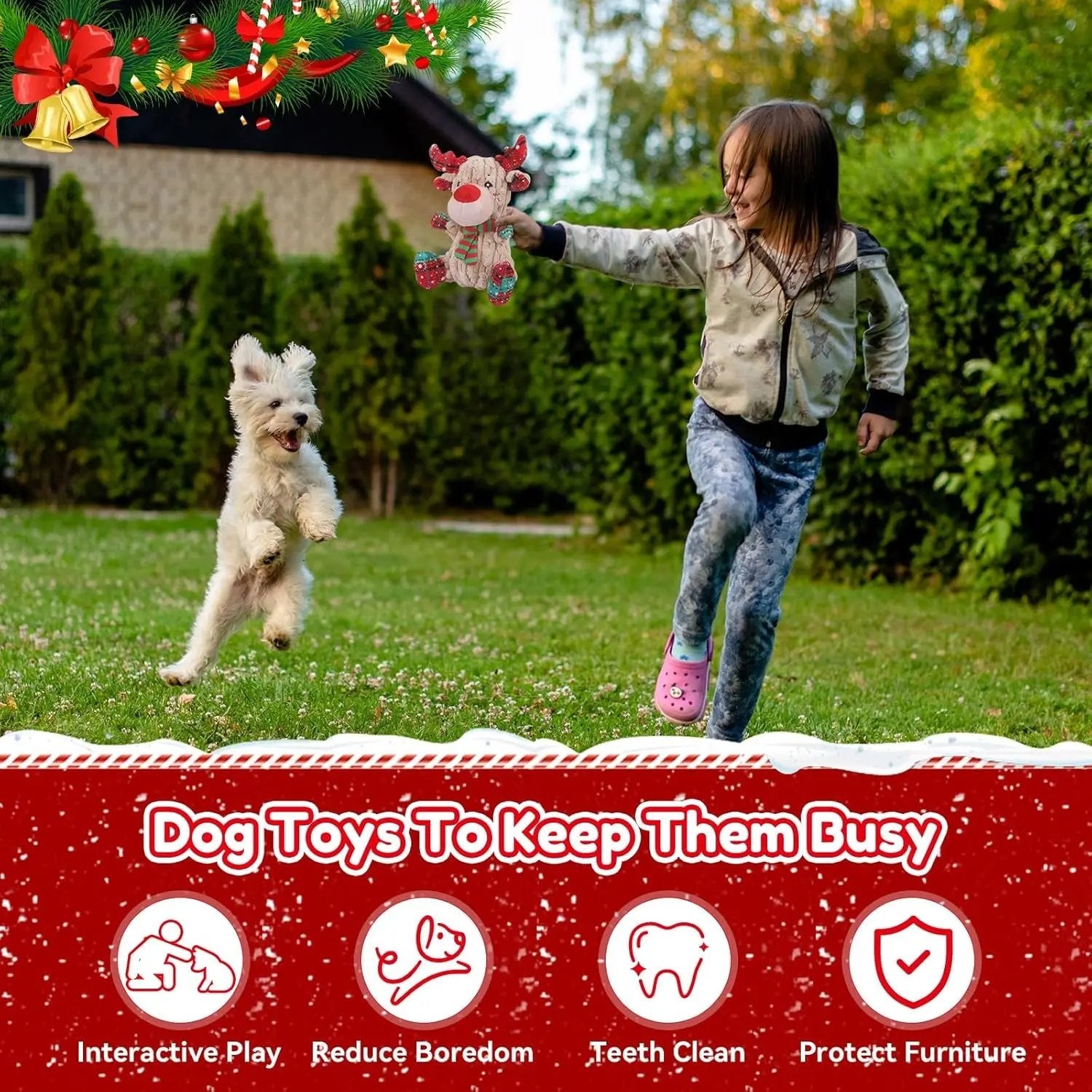 Reindeer Squeaky Christmas Dog Toy with Crinkle, Plush Chew Toy for All Dogs