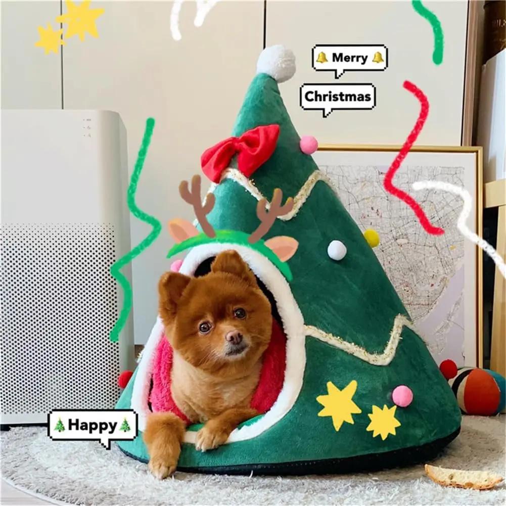 Christmas Tree Cat Cave Bed with Cushion, Cozy Indoor Pet House S/M/L