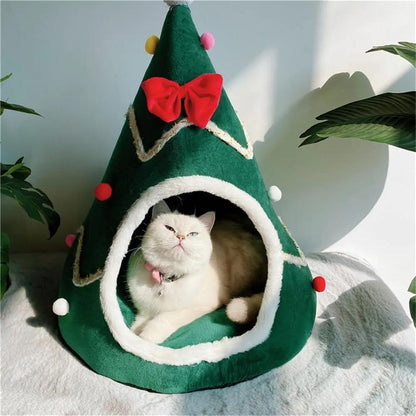 Christmas Tree Cat Cave Bed with Cushion, Cozy Indoor Pet House S/M/L Green Xmas Tree