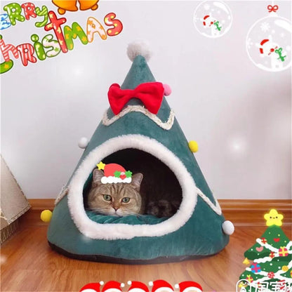 Christmas Tree Cat Cave Bed with Cushion, Cozy Indoor Pet House S/M/L
