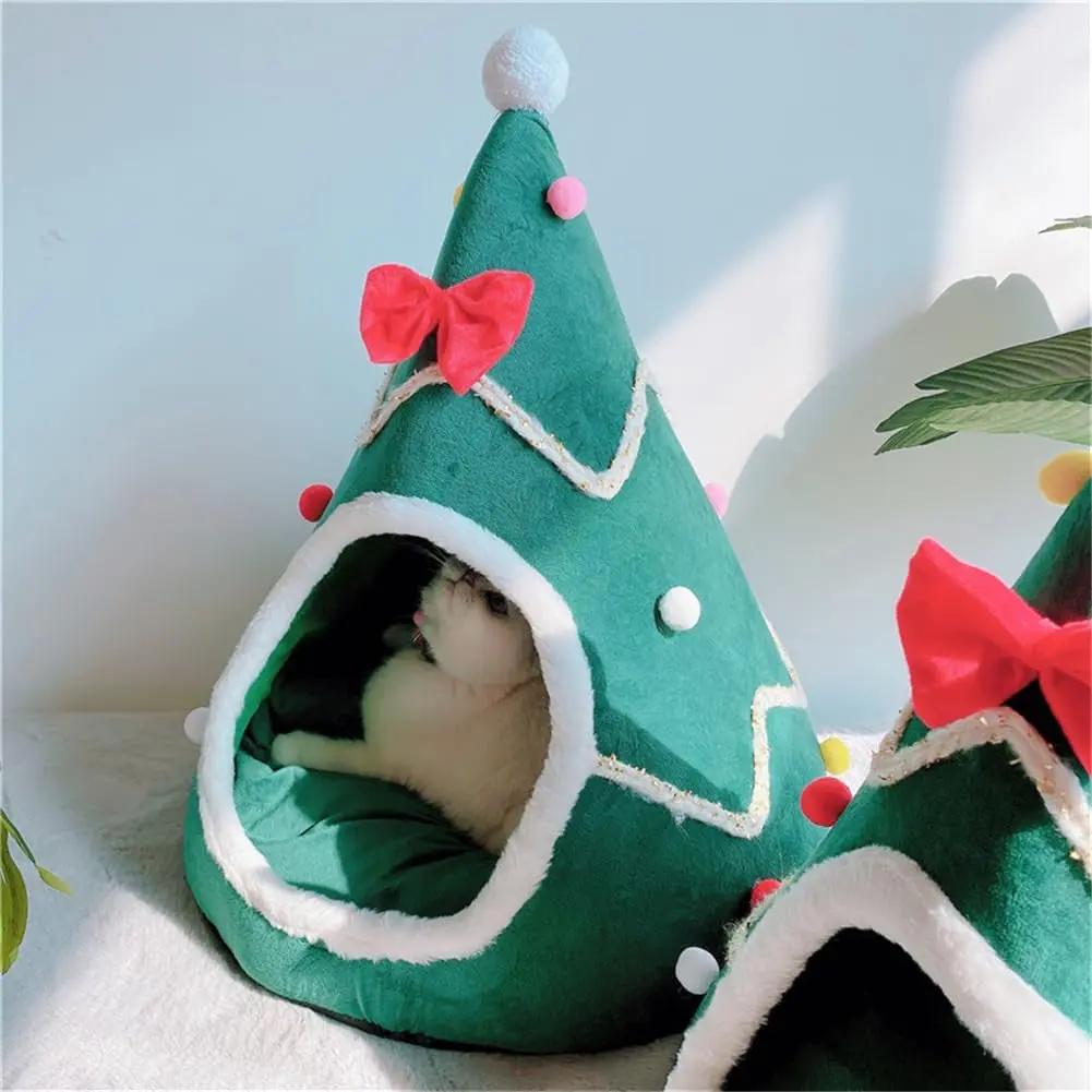 Christmas Tree Cat Cave Bed with Cushion, Cozy Indoor Pet House S/M/L