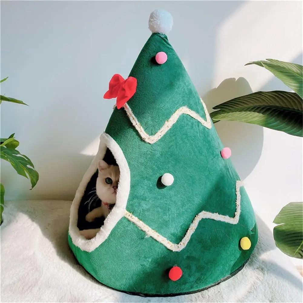Christmas Tree Cat Cave Bed with Cushion, Cozy Indoor Pet House S/M/L