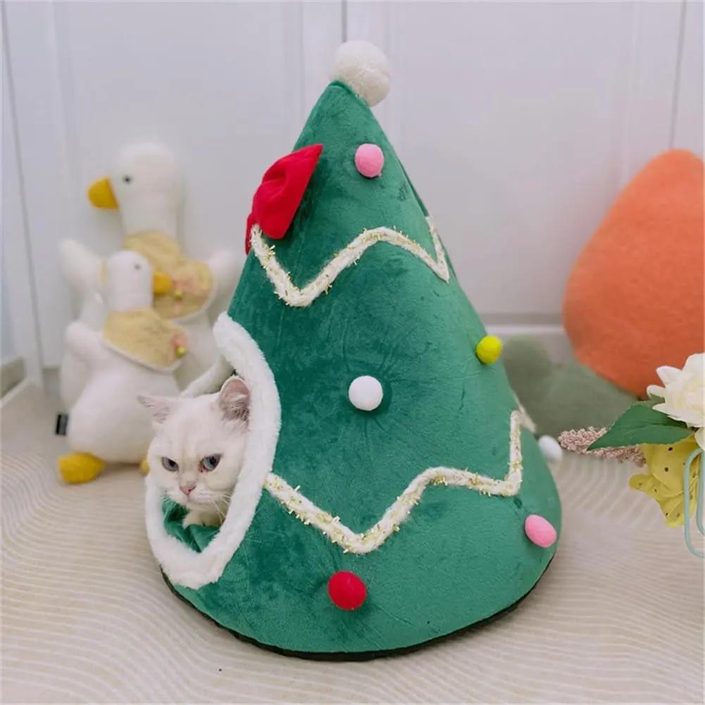 Christmas Tree Cat Cave Bed with Cushion, Cozy Indoor Pet House S/M/L