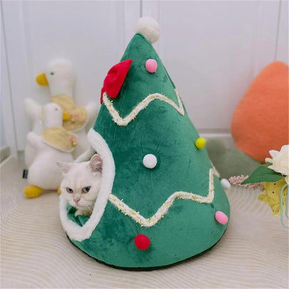 Christmas Tree Cat Cave Bed with Cushion, Cozy Indoor Pet House S/M/L