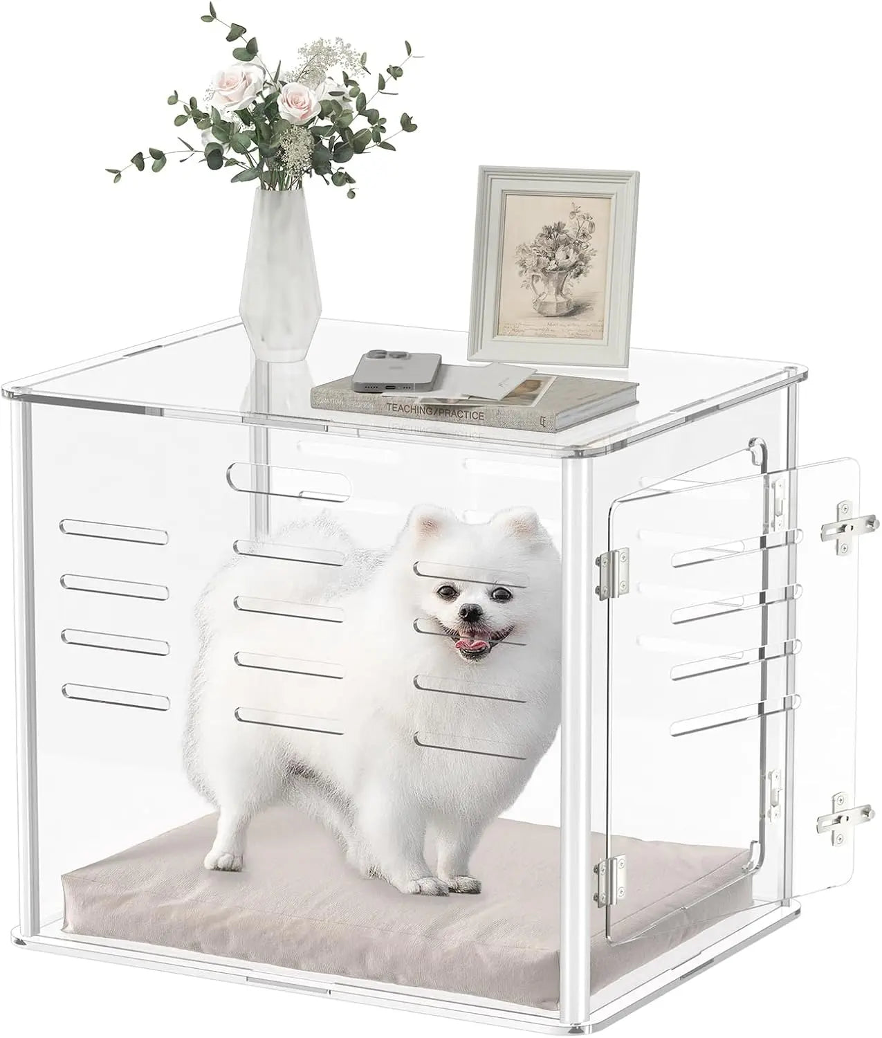 Clear Acrylic Dog Crate Furniture | Lockable Ventilated End Table (Small Pets)