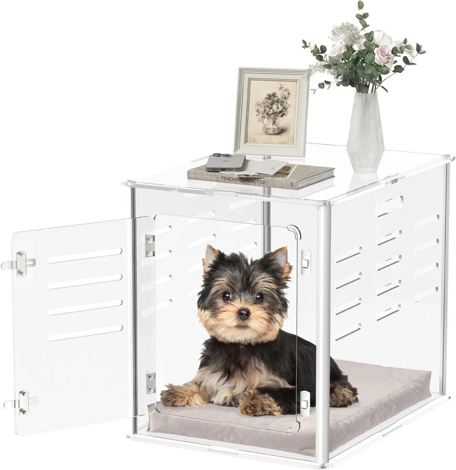 Clear Acrylic Dog Crate Furniture | Lockable Ventilated End Table (Small Pets)