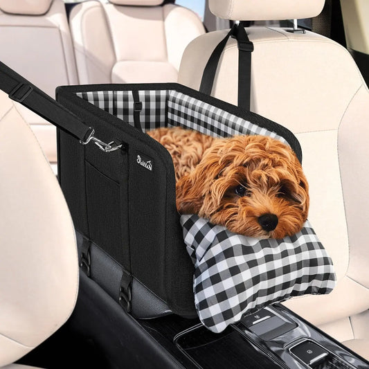 Console Dog Car Seat for Small Dogs, Anti-Slip Booster with Safety Strap Black