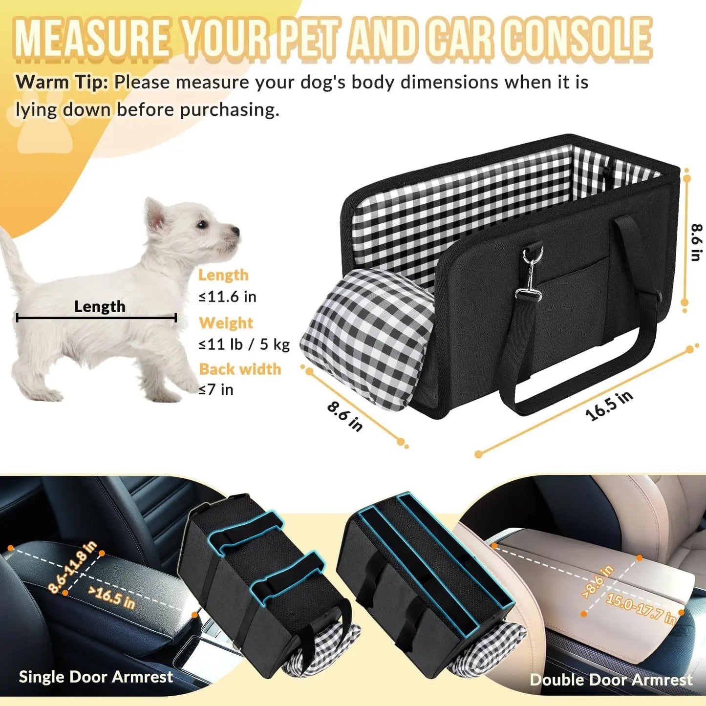 Console Dog Car Seat for Small Dogs, Anti-Slip Booster with Safety Strap