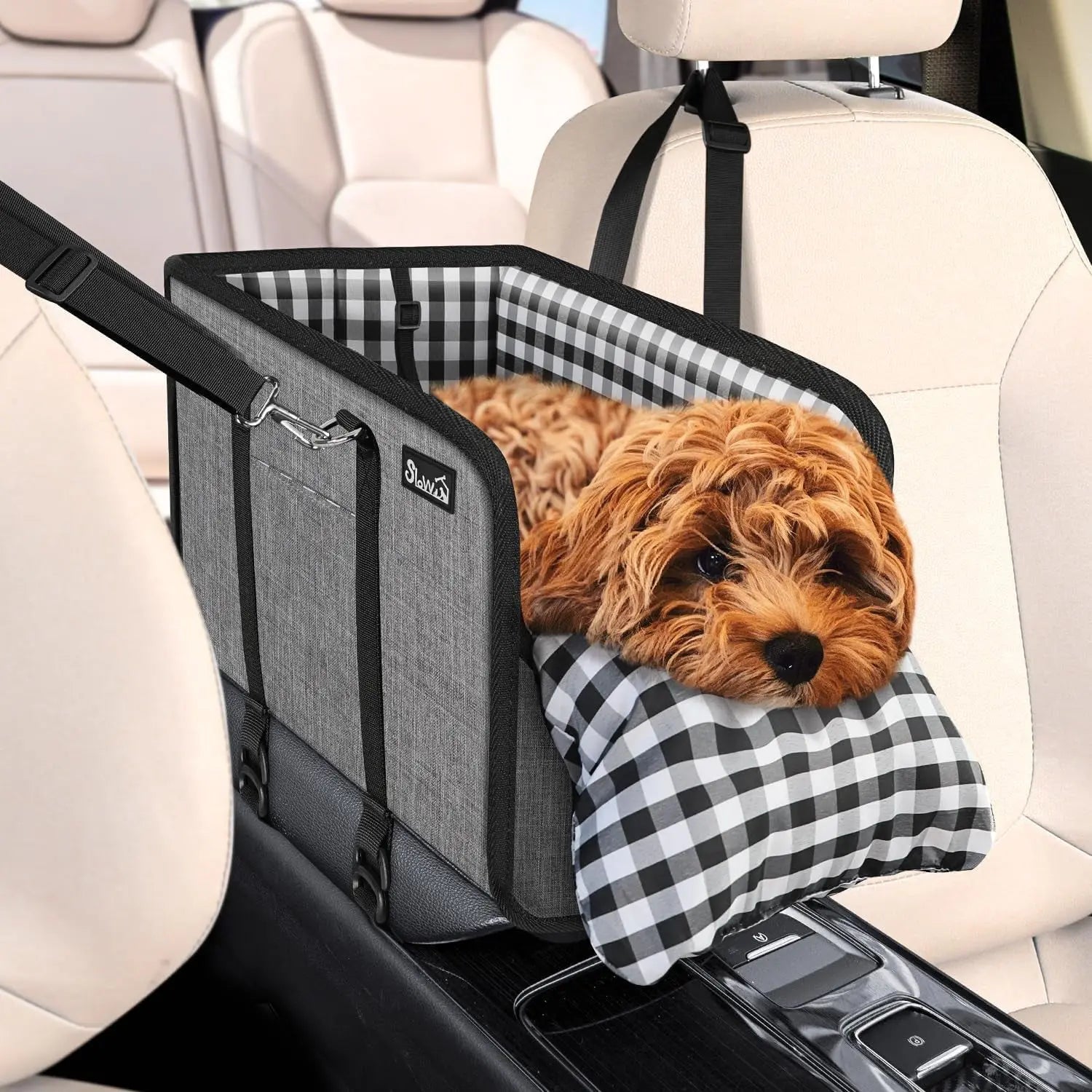 Console Dog Car Seat for Small Dogs, Anti-Slip Booster with Safety Strap Grey