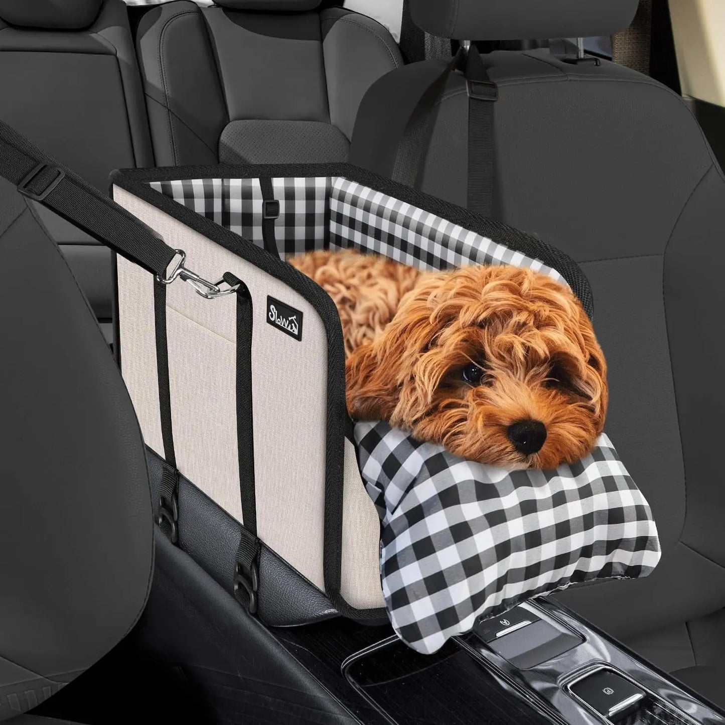Console Dog Car Seat for Small Dogs, Anti-Slip Booster with Safety Strap Beige