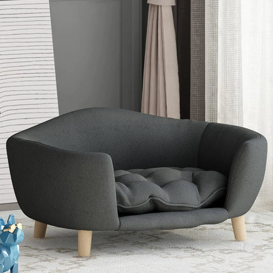 Corduroy Elevated Dog Sofa Bed with Wood Legs | Modern Living Suite Dark Gray