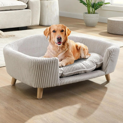 Corduroy Elevated Dog Sofa Bed with Wood Legs | Modern Living Suite Beige