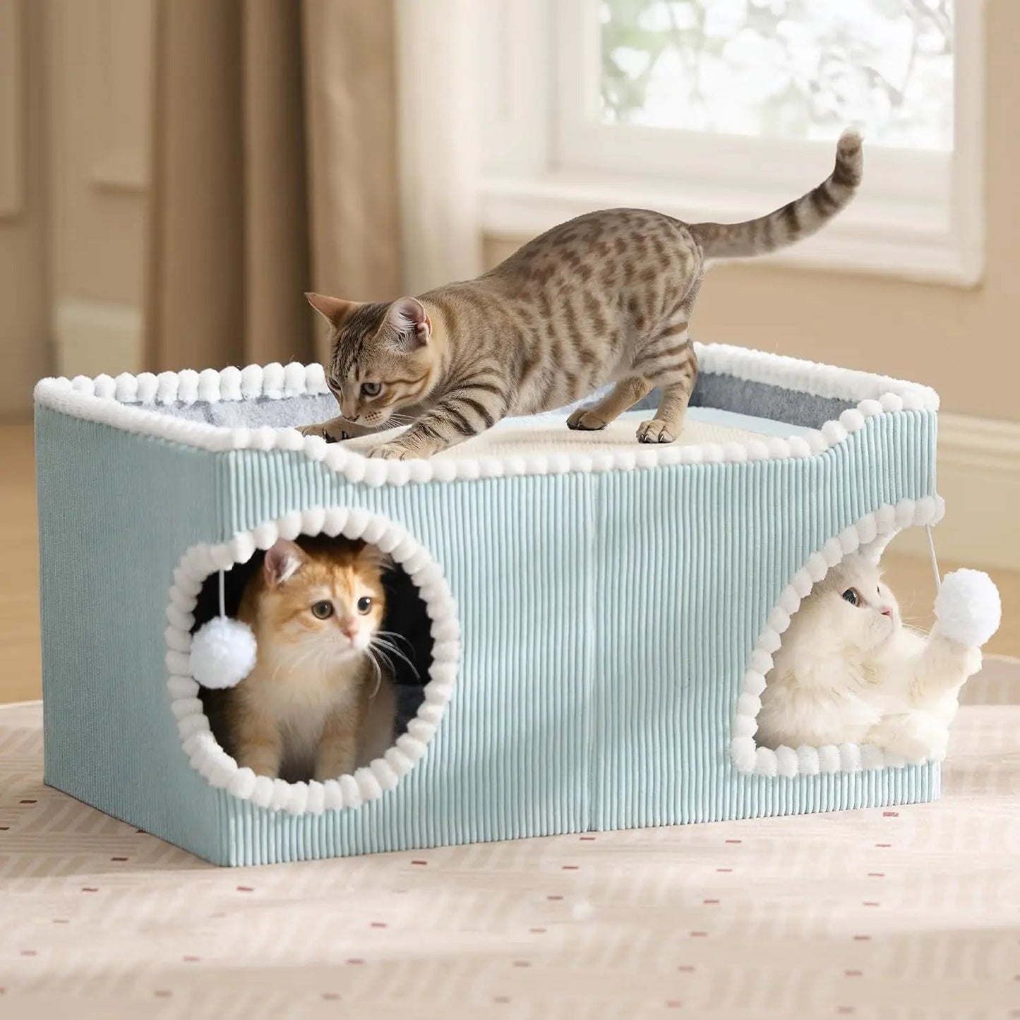 Cat Scratcher House with Removable Sisal Top, Foldable Cat Furniture Modern Blue-Corduroy