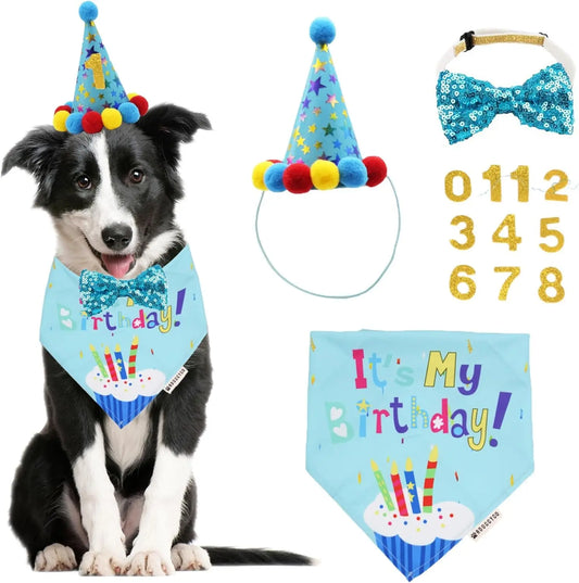 Dog Birthday Bandana, Party Hat & Bow Tie Set for Small- Large Dogs Blue Large