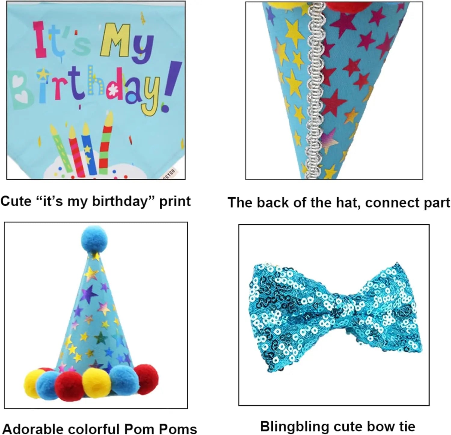 Dog Birthday Bandana, Party Hat & Bow Tie Set for Small- Large Dogs