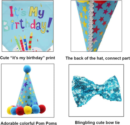 Dog Birthday Bandana, Party Hat & Bow Tie Set for Small- Large Dogs