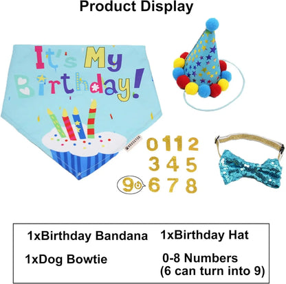Dog Birthday Bandana, Party Hat & Bow Tie Set for Small- Large Dogs