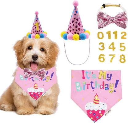 Dog Birthday Bandana, Party Hat & Bow Tie Set for Small- Large Dogs Pink Small