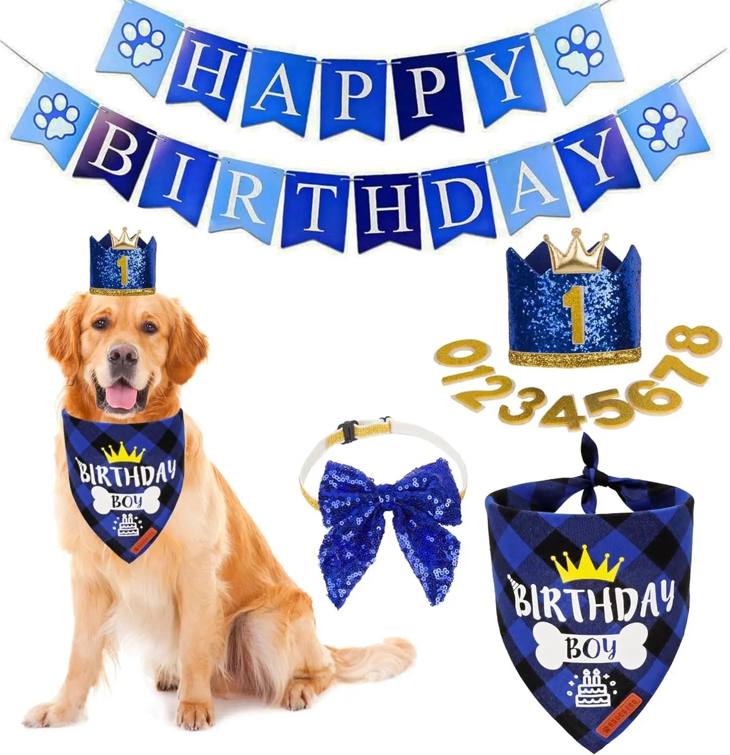 Dog Birthday Bandana, Party Hat & Bow Tie Set for Small- Large Dogs Navy Blue X-Large