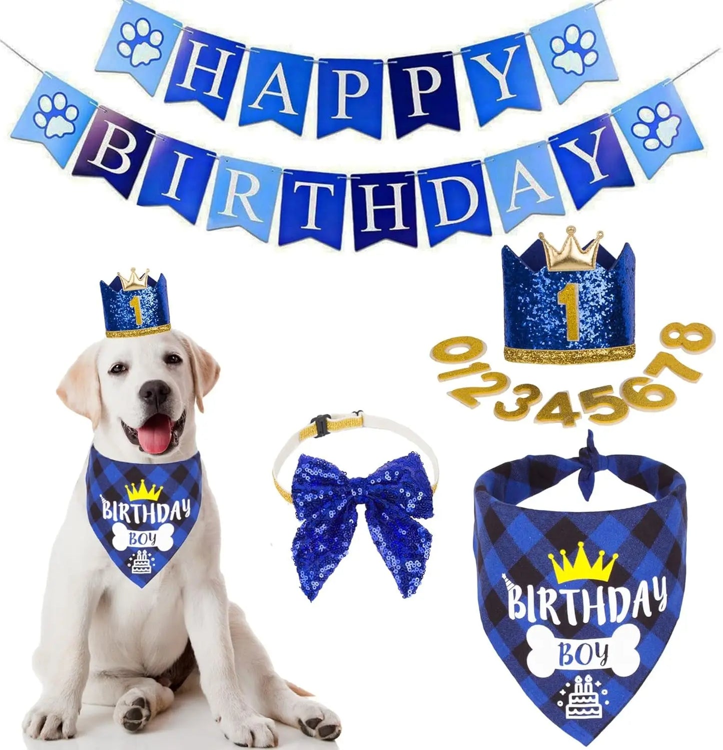 Dog Birthday Bandana, Party Hat & Bow Tie Set for Small- Large Dogs Navy Blue Large