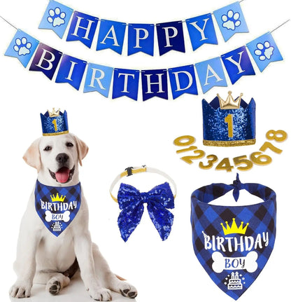 Dog Birthday Bandana, Party Hat & Bow Tie Set for Small- Large Dogs Navy Blue Large