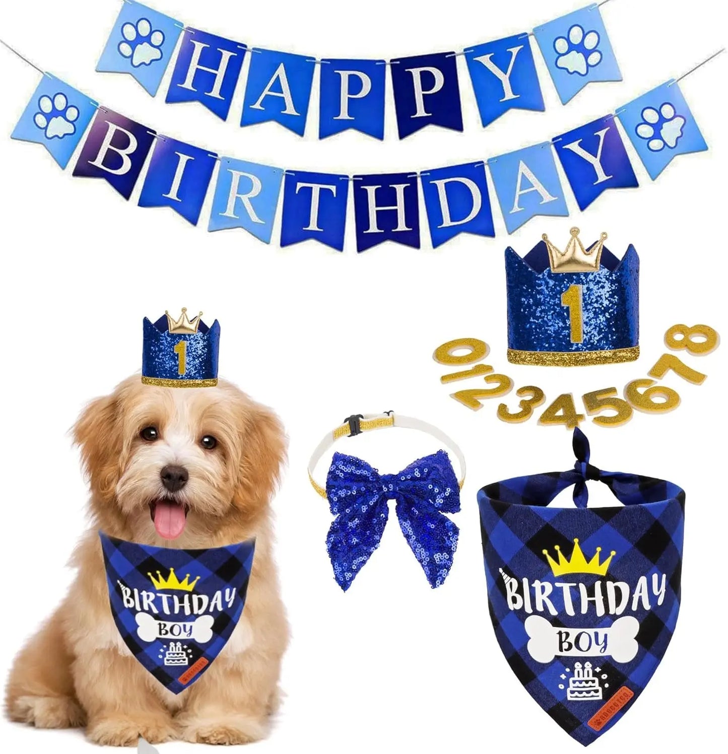 Dog Birthday Bandana, Party Hat & Bow Tie Set for Small- Large Dogs Navy Blue Small