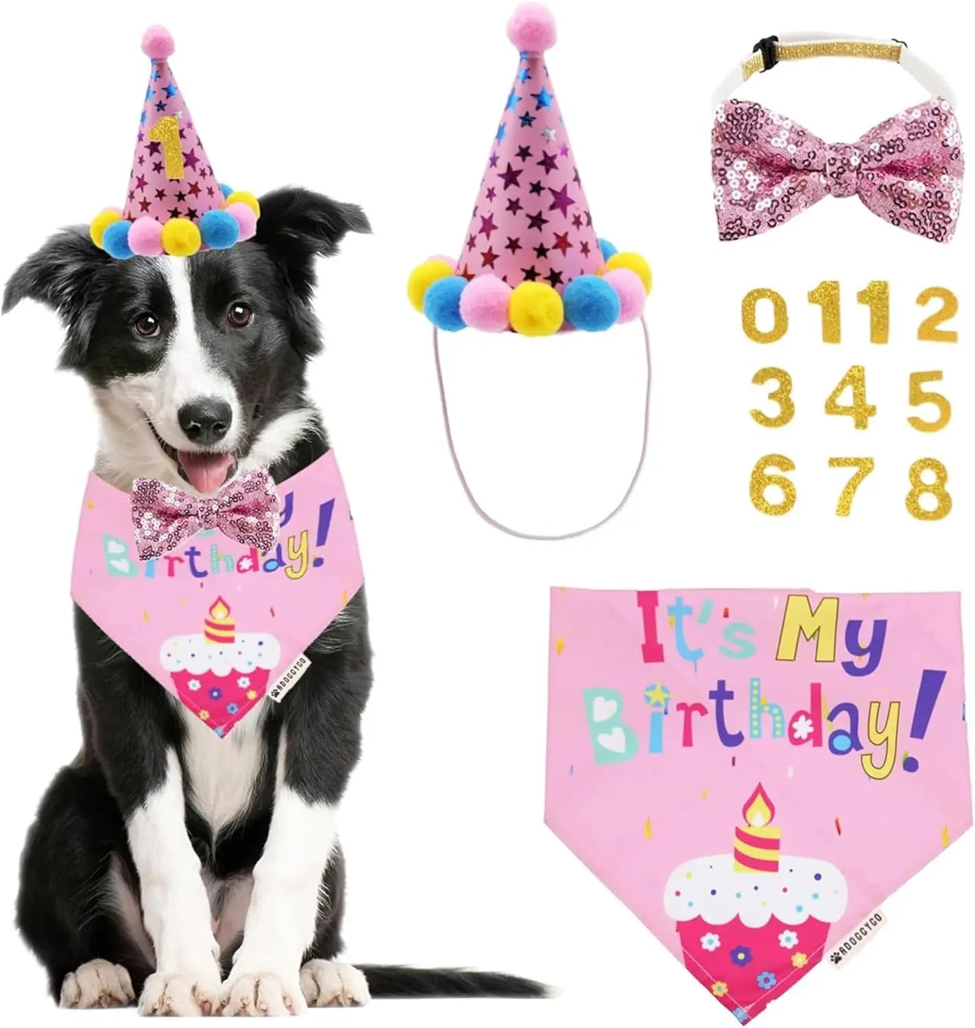 Dog Birthday Bandana, Party Hat & Bow Tie Set for Small- Large Dogs Pink Large