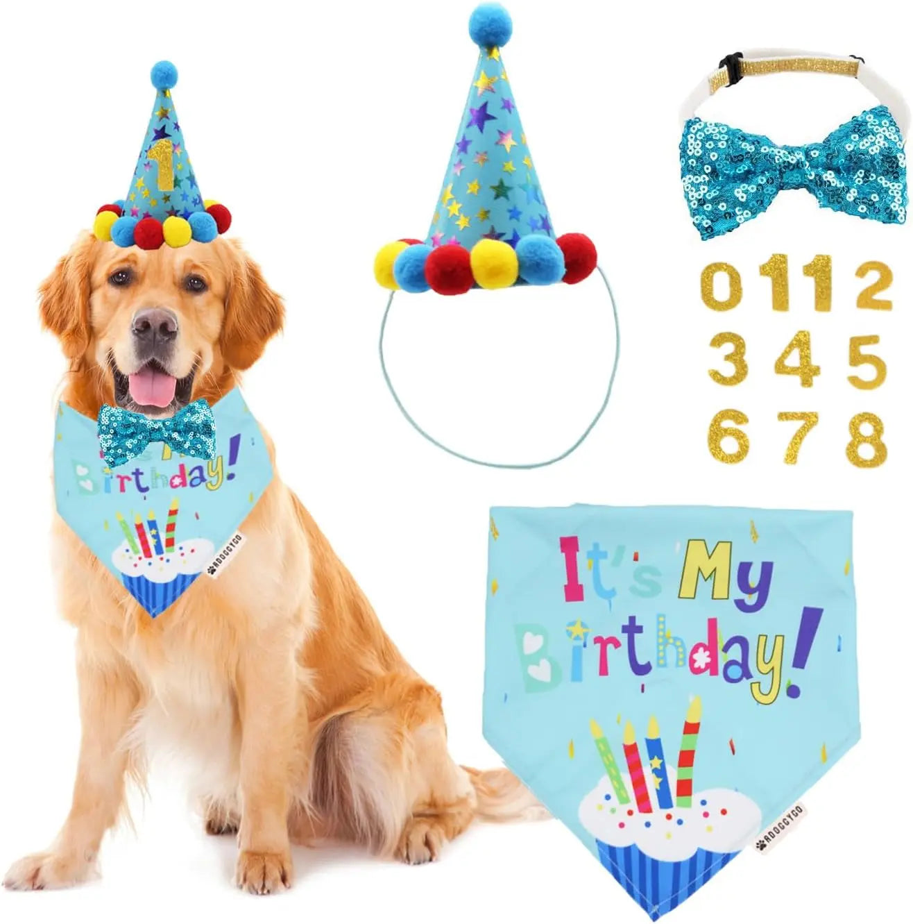 Dog Birthday Bandana, Party Hat & Bow Tie Set for Small- Large Dogs Blue X-Large