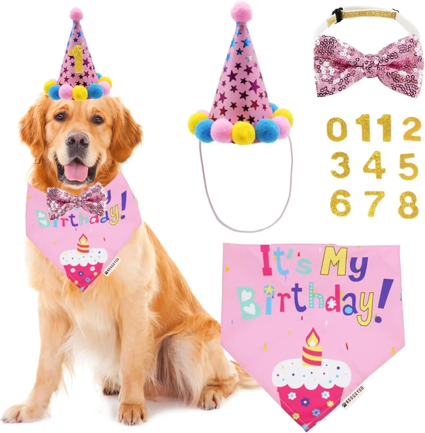 Dog Birthday Bandana, Party Hat & Bow Tie Set for Small- Large Dogs Pink X-Large