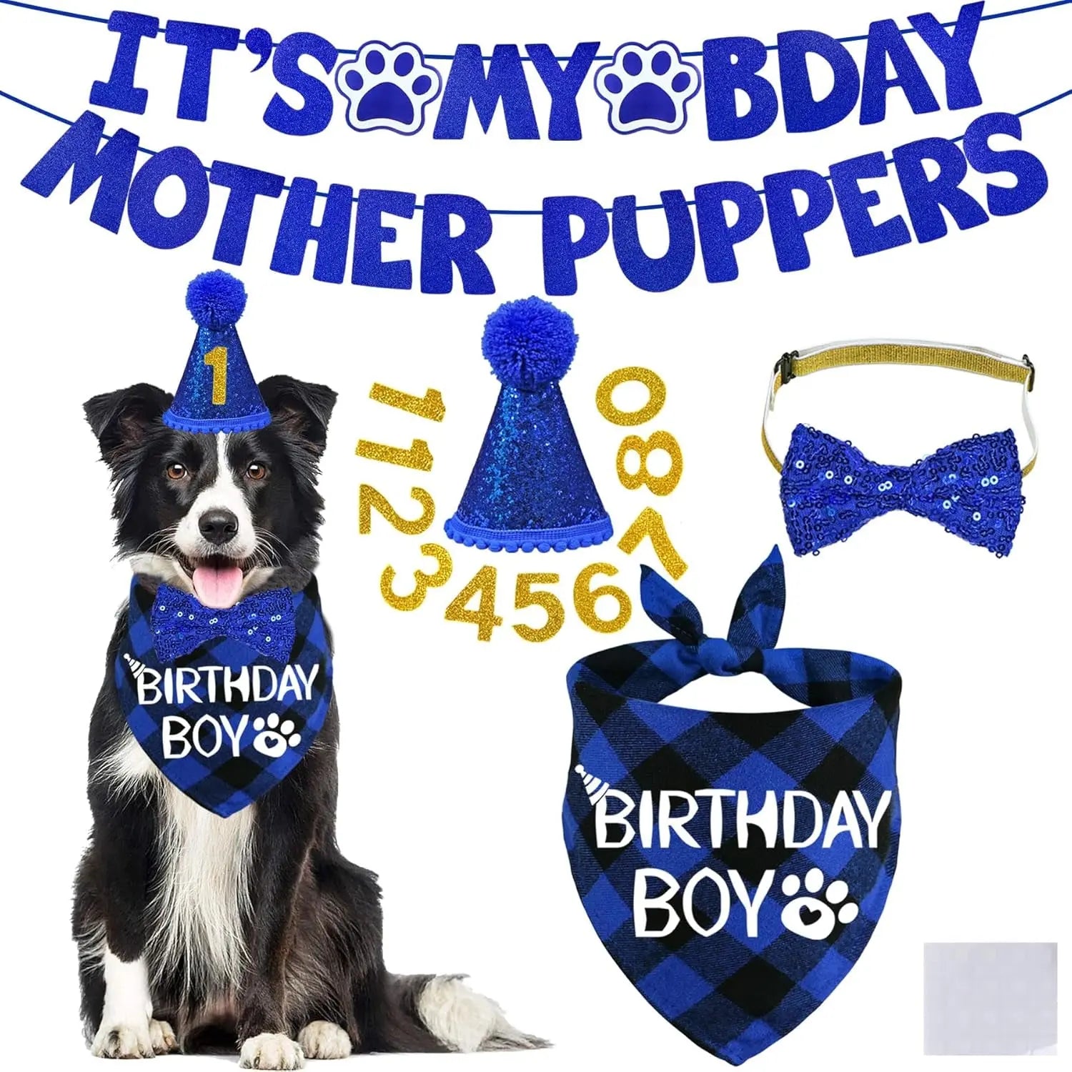 Dog Birthday Decorations Set Hat Bandana Bow Tie Banner Multi Size Blue Large