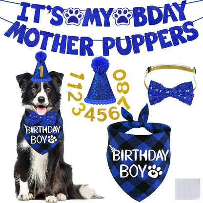 Dog Birthday Decorations Set Hat Bandana Bow Tie Banner Multi Size Blue Large