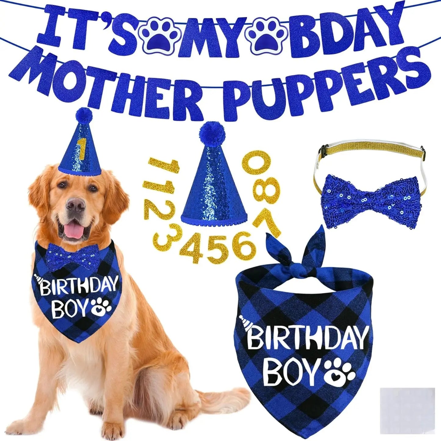Dog Birthday Decorations Set Hat Bandana Bow Tie Banner Multi Size Blue X-Large