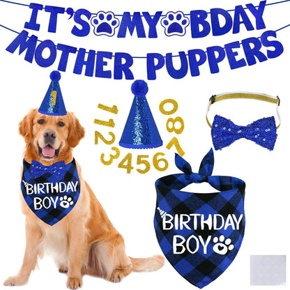 Dog Birthday Decorations Set Hat Bandana Bow Tie Banner Multi Size Blue X-Large