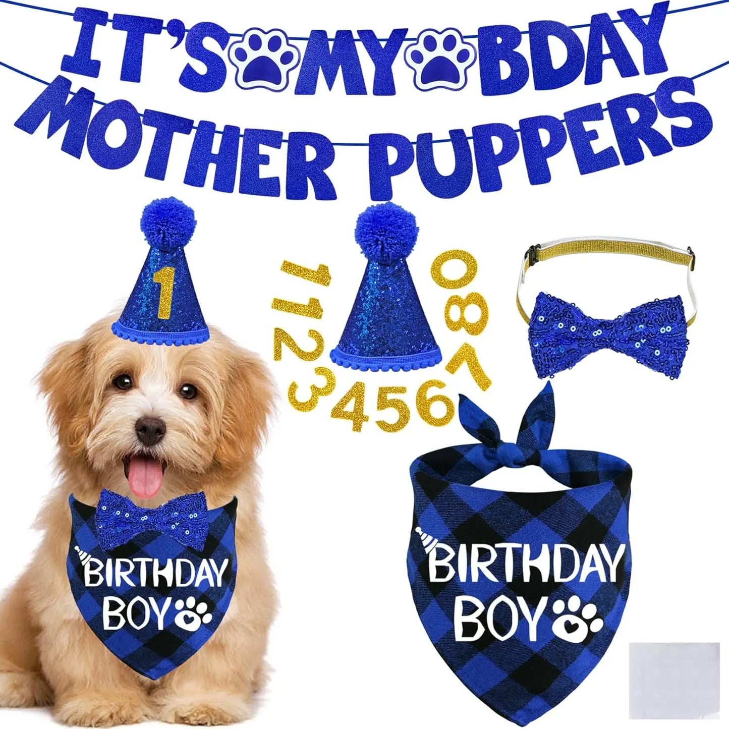 Dog Birthday Decorations Set Hat Bandana Bow Tie Banner Multi Size Blue Small