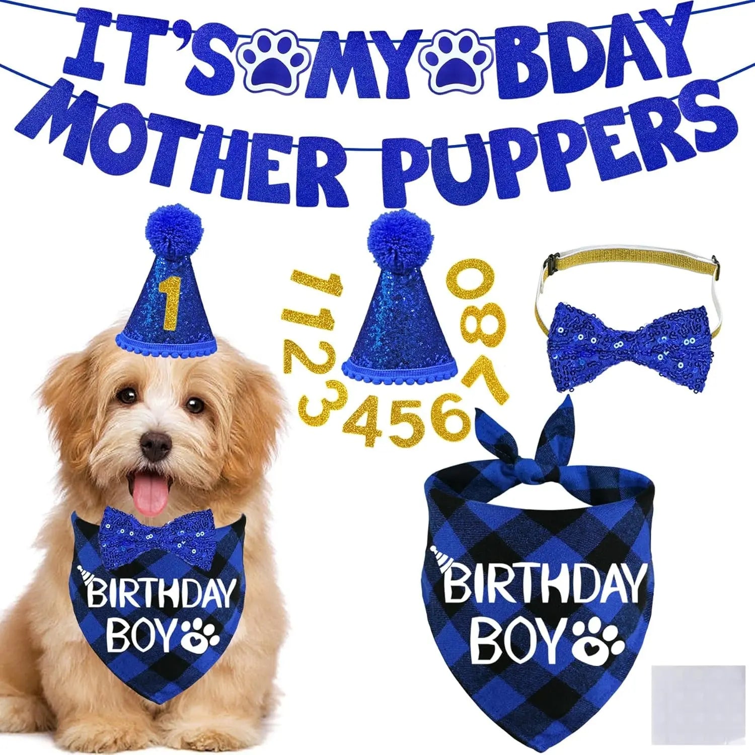 Dog Birthday Decorations Set Hat Bandana Bow Tie Banner Multi Size Blue Small