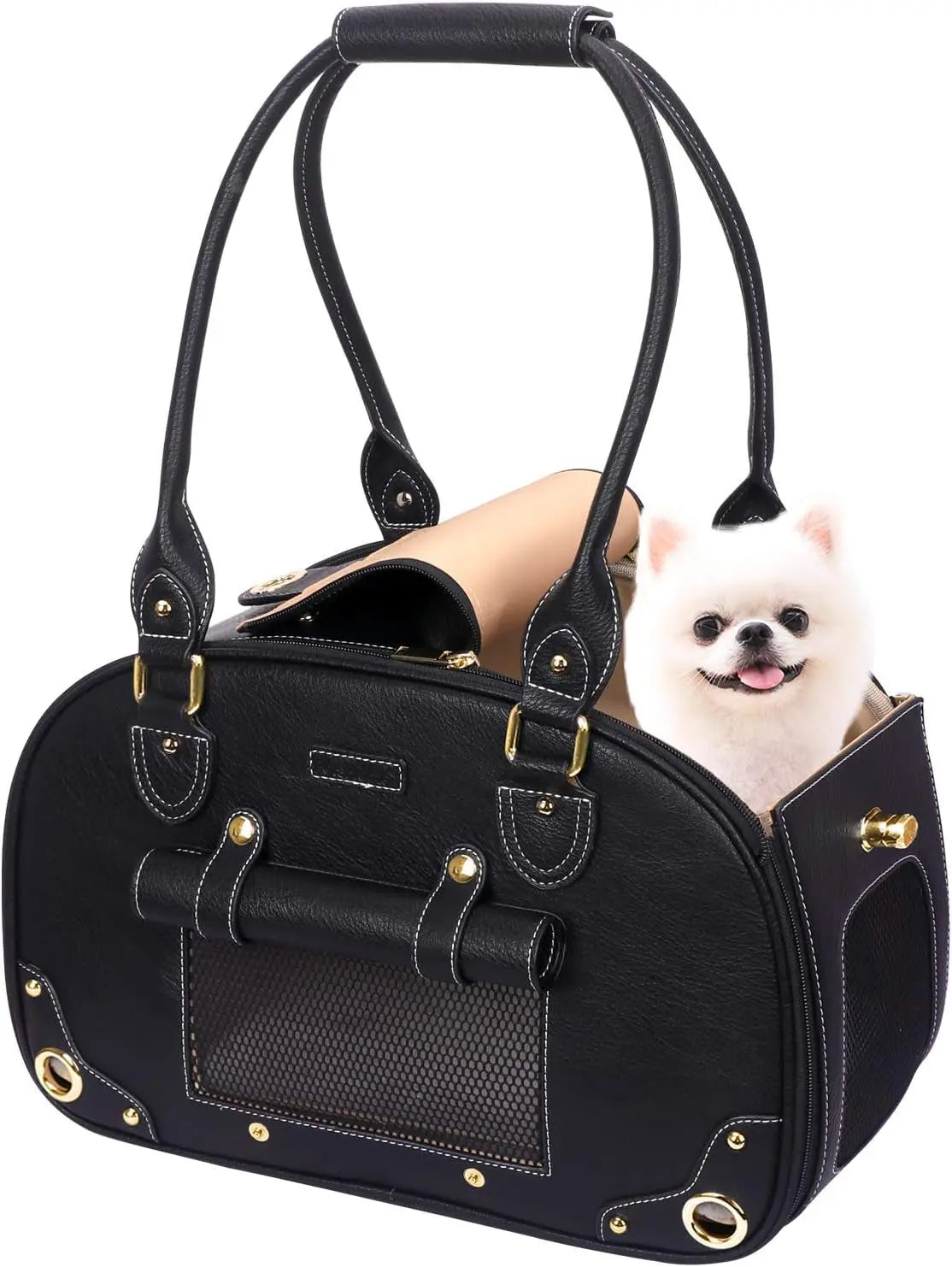 Dog Carrier Purse – Waterproof PU Leather Pet Travel Bag with Roof, for Small Dogs & Cats Black