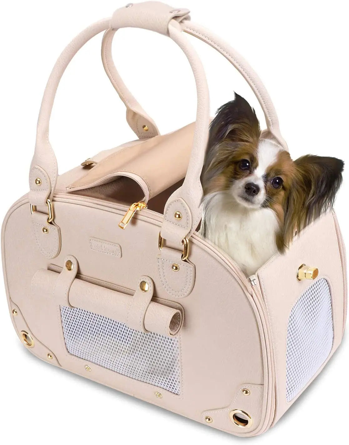 Dog Carrier Purse – Waterproof PU Leather Pet Travel Bag with Roof, for Small Dogs & Cats Beige