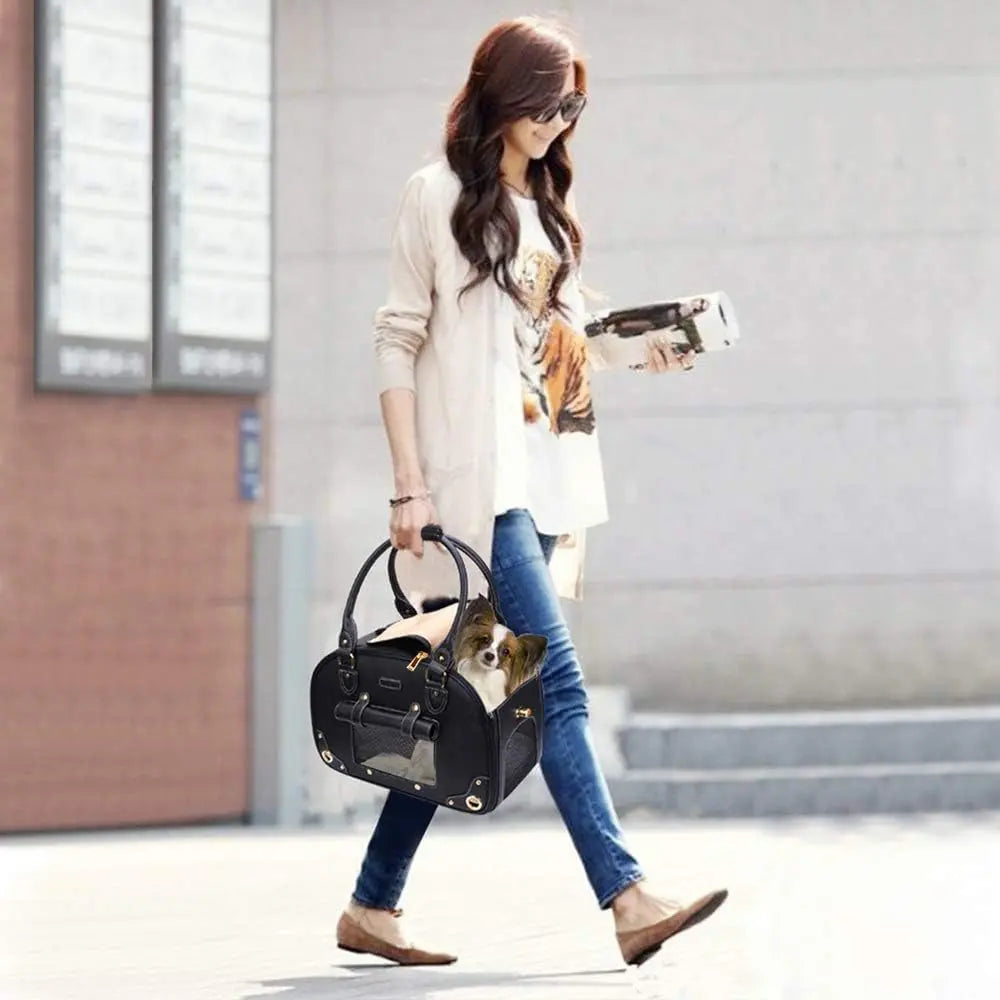 Dog Carrier Purse – Waterproof PU Leather Pet Travel Bag with Roof, for Small Dogs & Cats