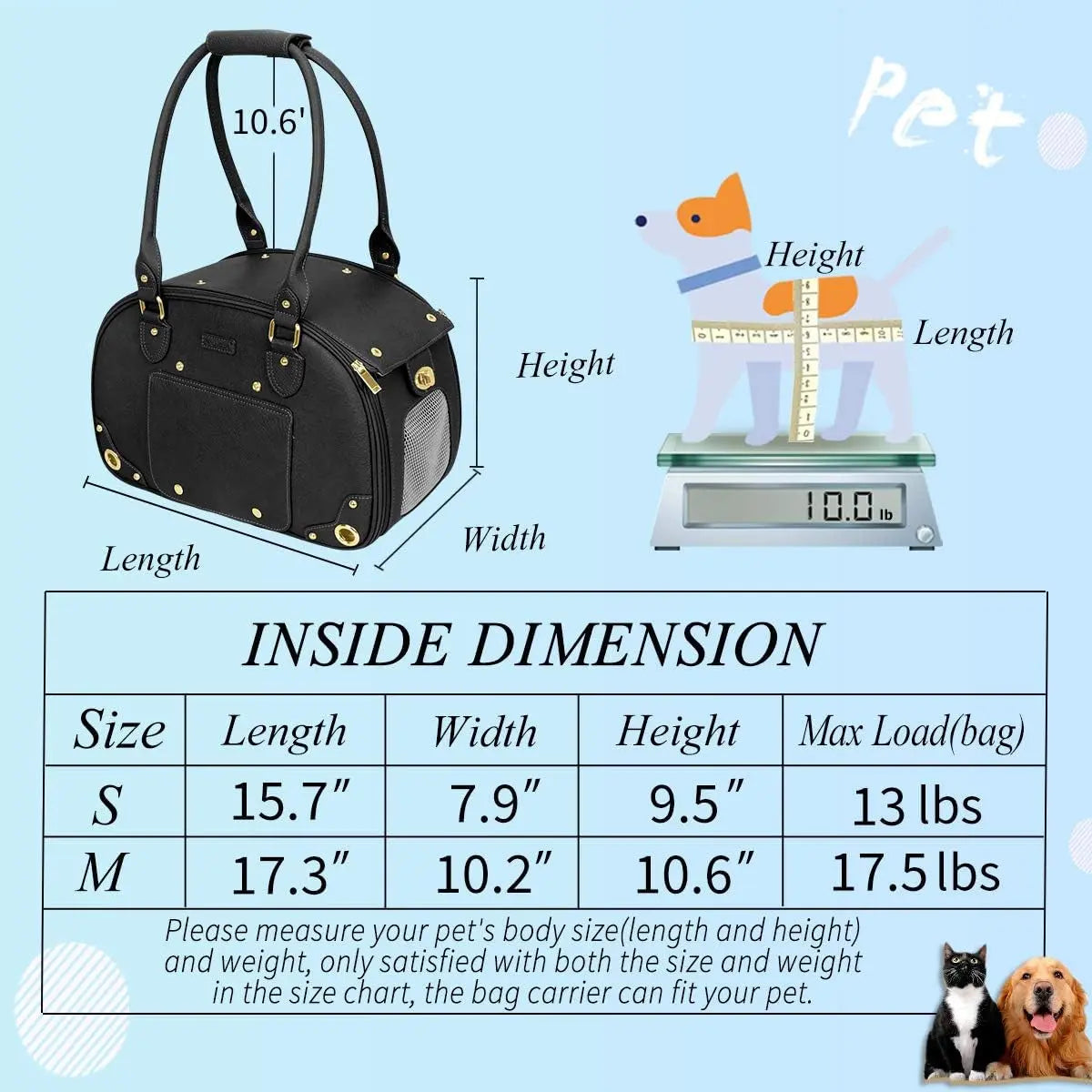 Dog Carrier Purse – Waterproof PU Leather Pet Travel Bag with Roof, for Small Dogs & Cats