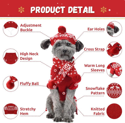 Dog Christmas Outfit 3-Piece Set - Sweater, Hat & Scarf Winter Holiday Costume